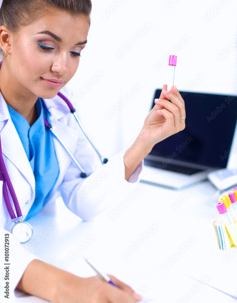 Woman researcher is surrounded by medical vials and flasks, isolated on white background Woman researcher is surrounded by medical vials and flasks, isolated on white background