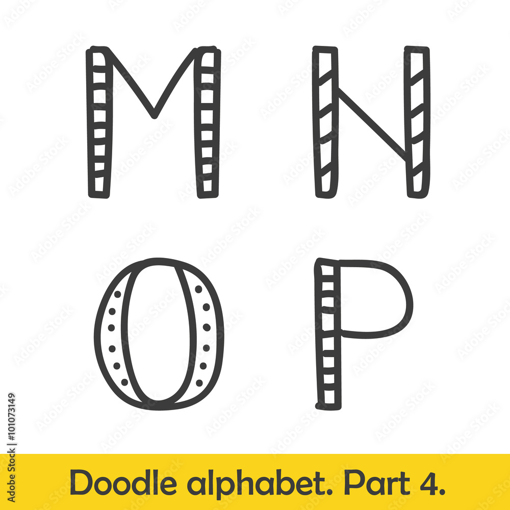 Cute hand drawn alphabet. Doodle letters M-P.