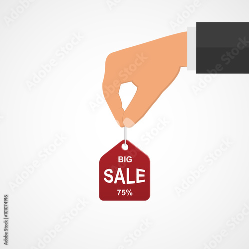 Concept of discount. Hands holding sales tag.