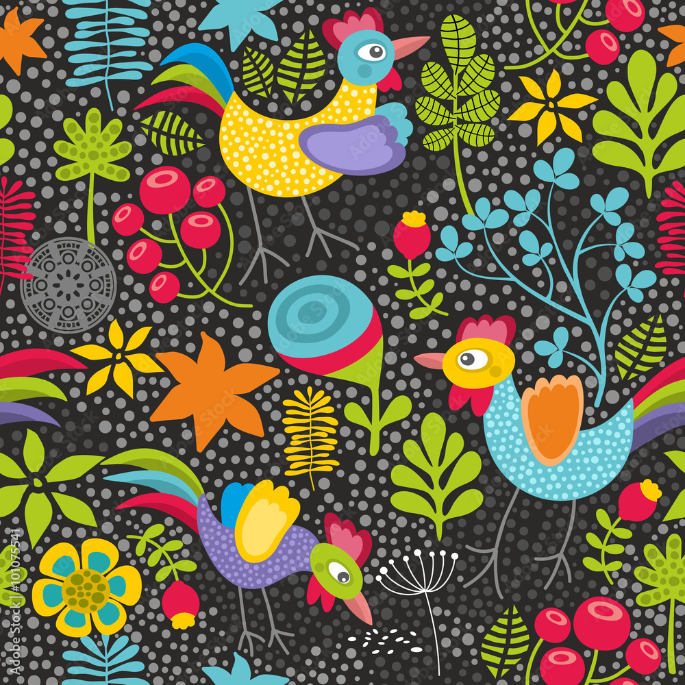 Seamless pattern with plants and cocks.