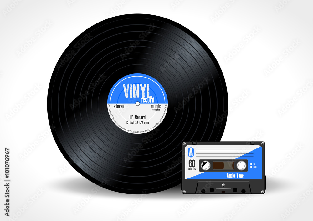 Gramophone vinyl LP record and music cassette with blue label. Long play  album disc 33 rpm
