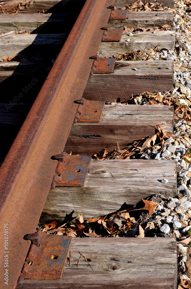 Rusty train tracks. Worn and weathered railway. Rusty train tracks. Worn and weathered railway.