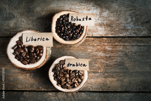 Collection of coffee beans on old wooden table  close up