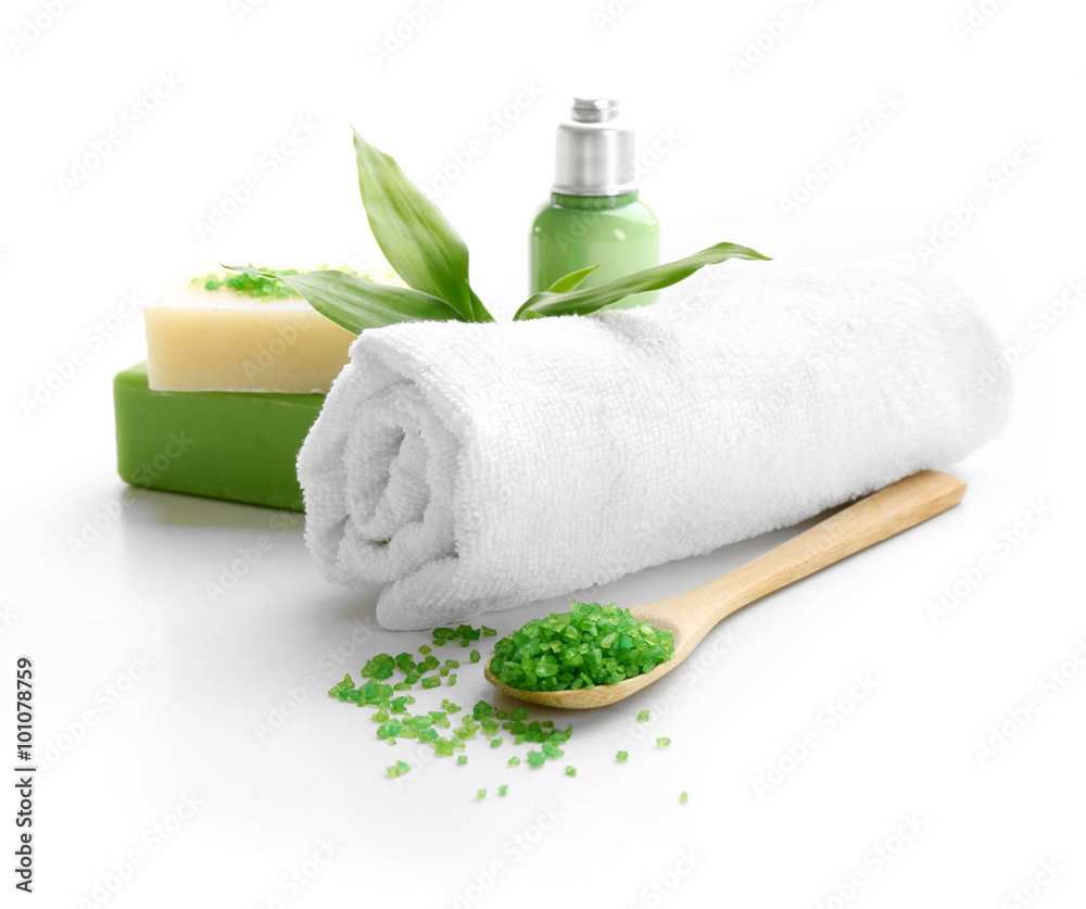 Naklejka premium Relaxing spa set on white background, close up