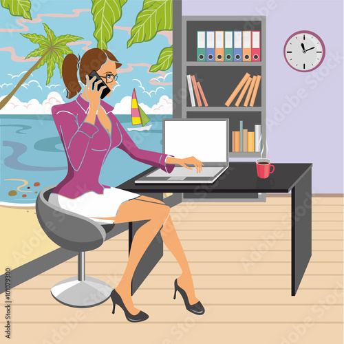 Vector illustration. Young woman with mobile phone in hand, working in the office which is located on the seafront