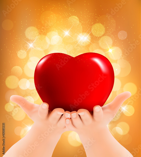 Valentine`s day background. Hands holding red heart. Vector illu