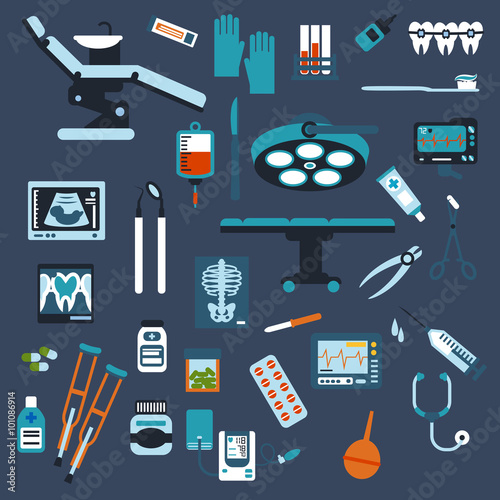 Dentistry, surgery and medical checkup flat icons