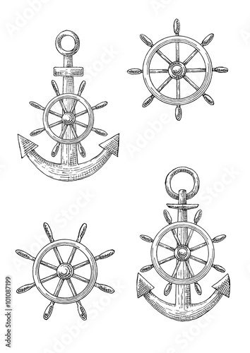 Vintage nautical anchors and helms sketches