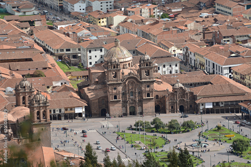 Central square In Cuzco with Cathedral La Compania, Plaza de Arm
