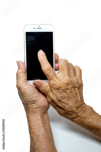 Old woman hand with smart phone isolated on white background