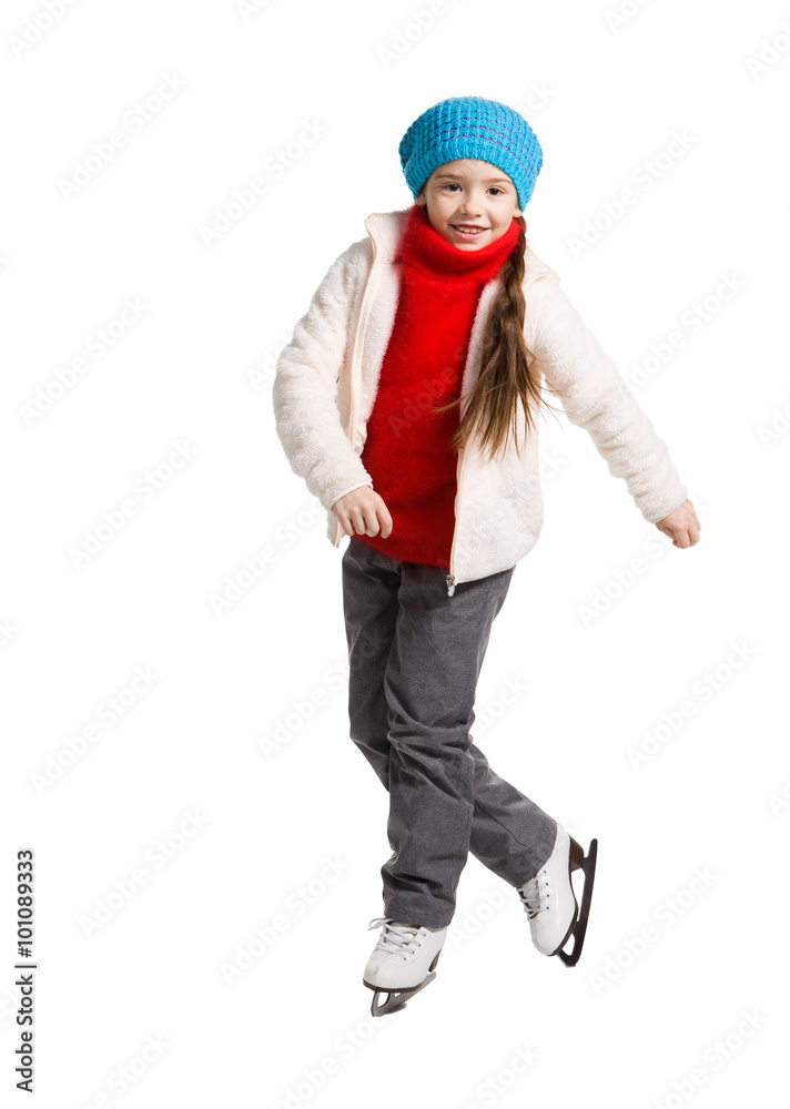 Happy young girl figure skating, isolated Happy young girl figure skating, isolated
