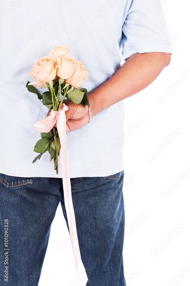 young man hold rose flower beind for surprise his wife