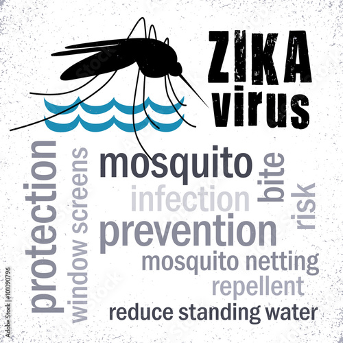 Zika Virus with mosquito over standing water grunge graphic illustration, prevention, protection, infection word cloud.