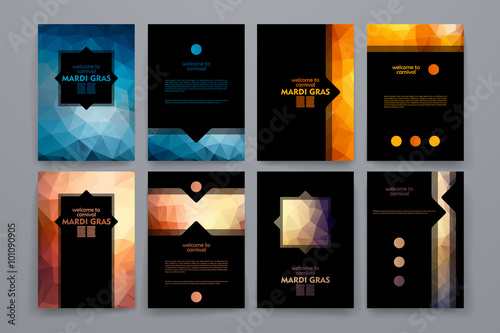 Set of brochures in poligonal style on Mardi Gras theme