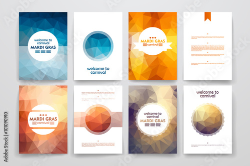 Set of brochures in poligonal style on Mardi Gras theme