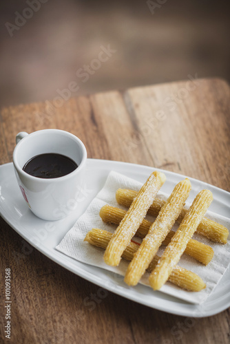 chocolate and churros traditional spanish snack food