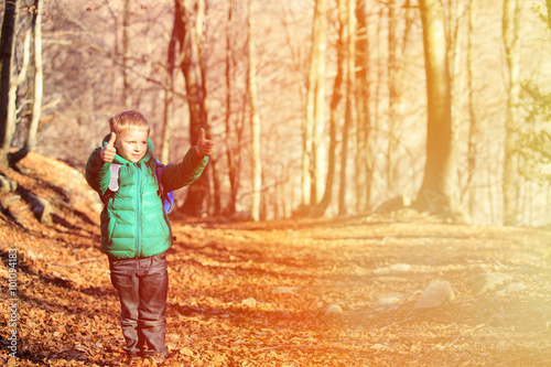 little boy with backpack trekking in autumn forest