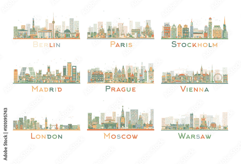 Set of 9 Abstract Europe City Skyline. Vector Illustration. Some elements have transparency mode different from normal.