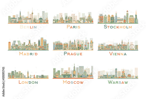 Set of 9 Abstract Europe City Skyline. Vector Illustration. Some elements have transparency mode different from normal.