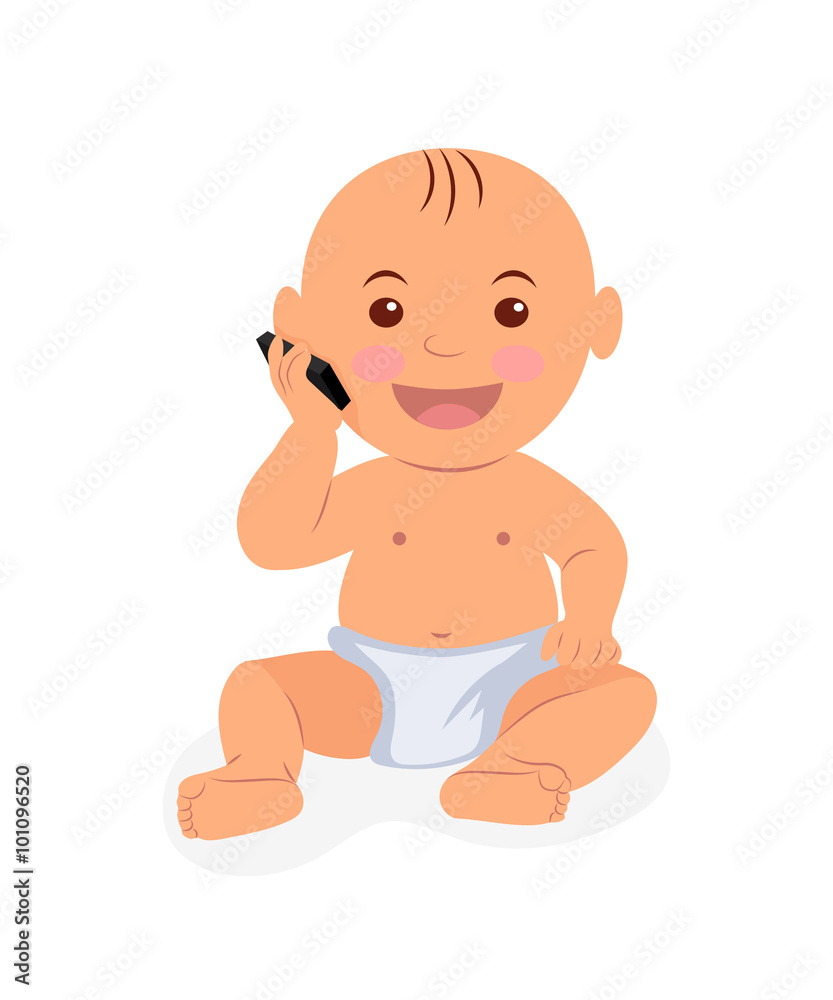 Toddler sitting and talking on the phone. Illustration baby playing with the phone in flat style Toddler sitting and talking on the phone. Illustration baby playing with the phone in flat style