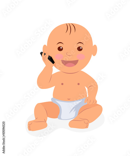 Toddler sitting and talking on the phone. Illustration baby playing with the phone in flat style