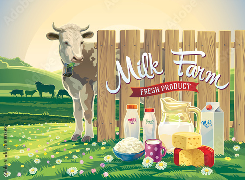 Set of milk products from farm milk with illustrations a cow, and rural landscape. 