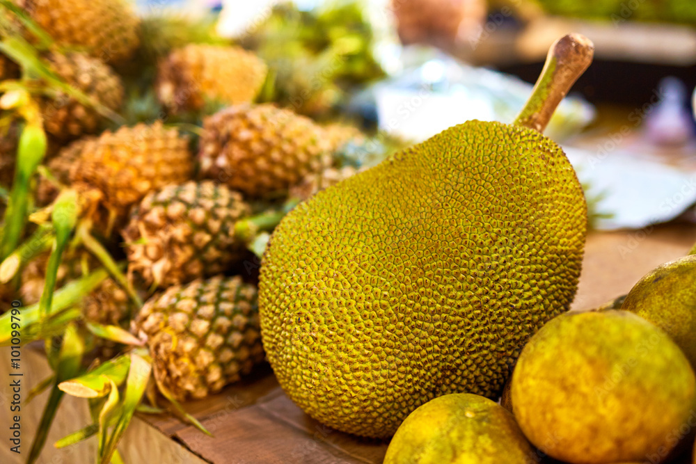 Fruits. Healthy Eating. Vegan Raw Food. Fresh Organic Ripe Jackfruit ( Jack Fruit ) At Street Farmer Market ( Grocery Store ) In Koh Samui, Thailand, Asia. Background. Nutrition. Vitamins Fruits. Healthy Eating. Vegan Raw Food. Fresh Organic Ripe Jackfruit ( Jack Fruit ) At Street Farmer Market ( Grocery Store ) In Koh Samui, Thailand, Asia. Background. Nutrition. Vitamins