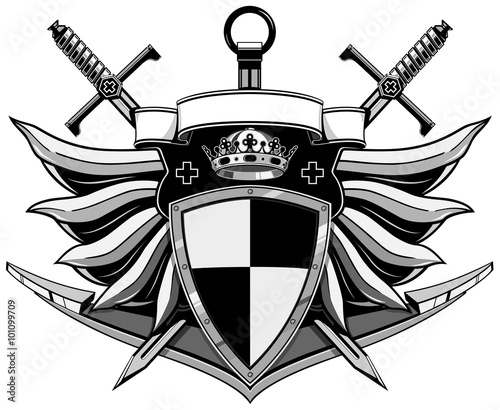 coat of arms with wings, anchor, swords, shield, crown and ribbon