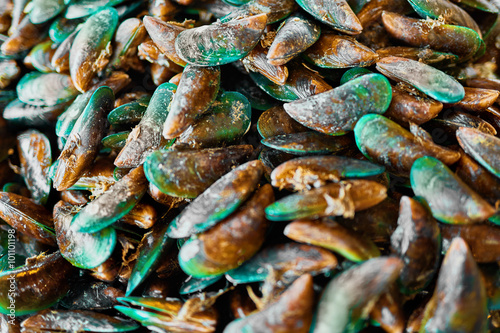 Healthy Food. Seafood Background. Closeup Of Fresh Gourmet Asian Green Mussels ( Perna Viridis, Green-lipped Mussels, Oysters ) At Fish Market In Koh Samui, Thailand, Asia. Nutrition And Diet. 