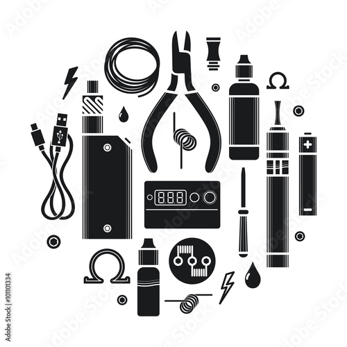 Vector illustration of vape and accessories. Vape icons set Isolated on white background