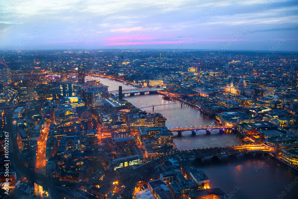LONDON, UK - JANUARY 27, 2015: panoramic view City of London at sunset