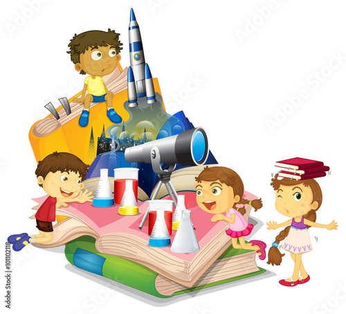Science book with children and equipment