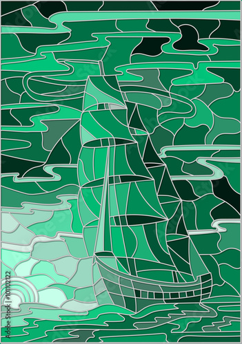 Illustration in stained glass style with the sailboat against the sky, the sea and the setting sun.Green version