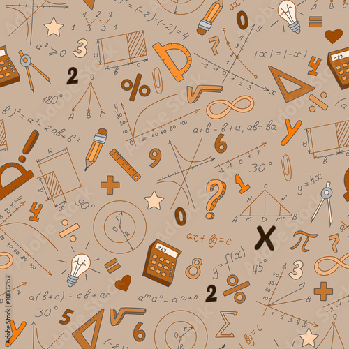 Seamless background with formulas and charts on the topic of mathematics and education, sepia