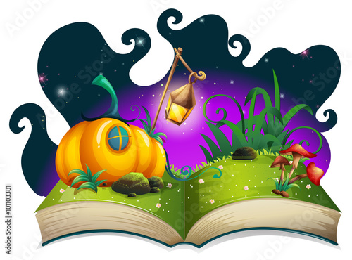 Storybook with pumpkin house at night