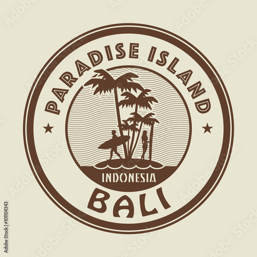Stamp with the palm, island and words Paradise Island, Bali