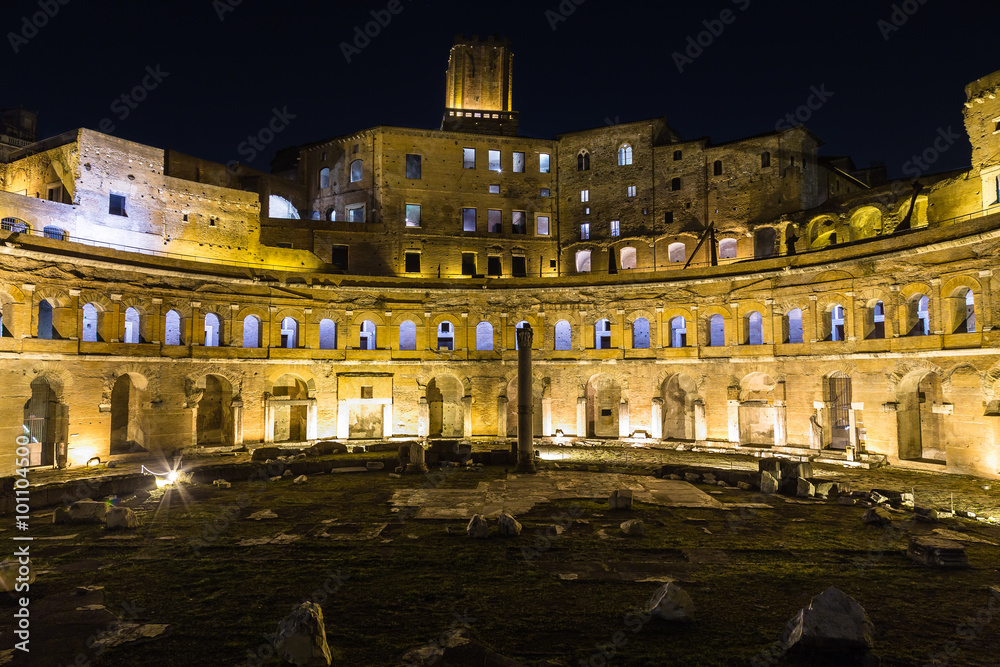 Ruins of Trajan's Market (Mercati di Traiano) in Rome at night