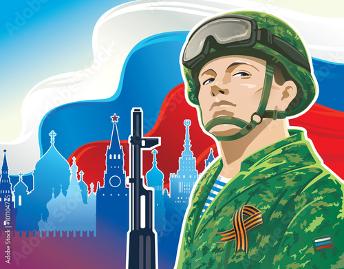 Russian soldier and kalashnikov on the background of the Russian flag, and the silhouette of Moscow.