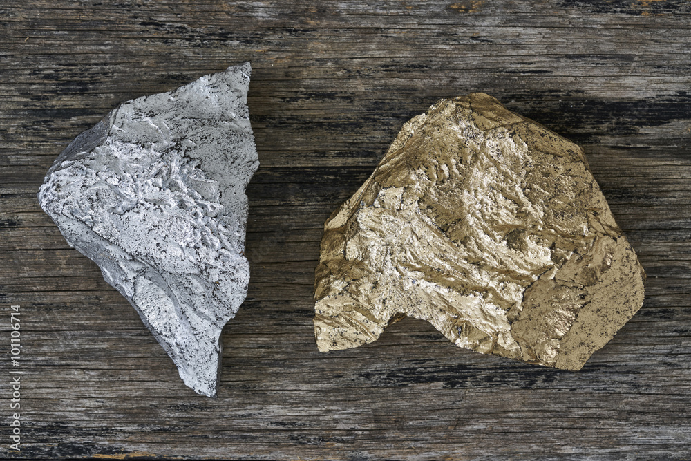 Gold and Silver ore on wood plate Stock Photo | Adobe Stock