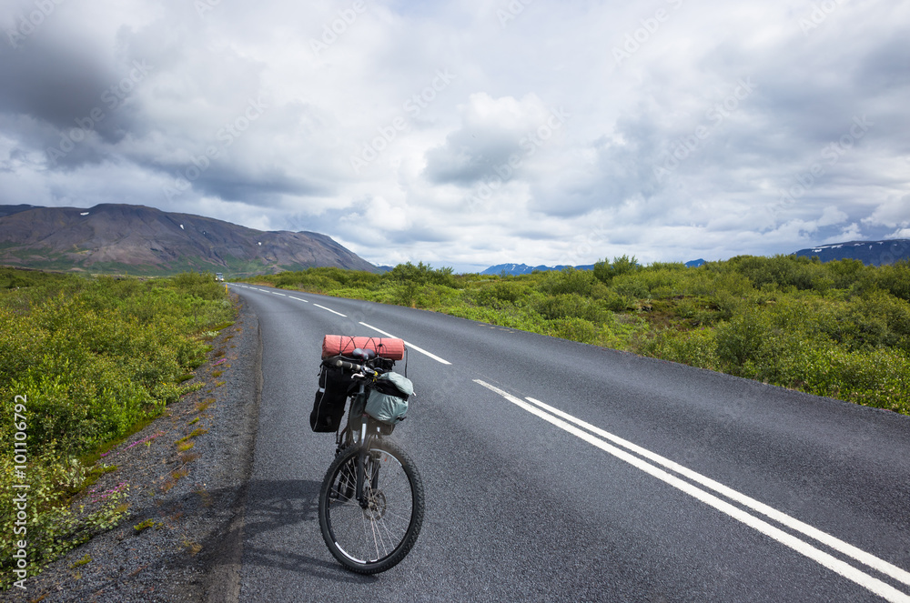 Fototapeta premium Biker rides on road at sunny summer day in Iceland