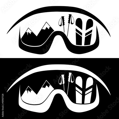 Silhouette icon of snowboard ski goggles with reflection. Vector illustration isolated on white background