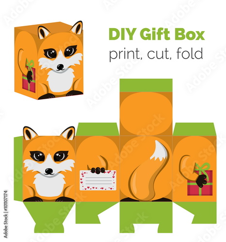 Adorable Do It Yourself fox gift box with ears for sweets, candies, small presents. Printable color scheme. Print it on thick paper, cut out, fold according to the lines.