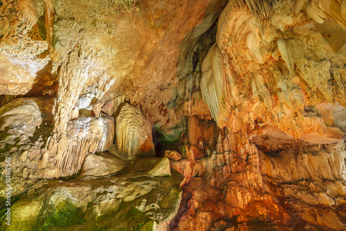 Stalactite rock formations in Lawa Cave. Kanchanaburi province, thailand