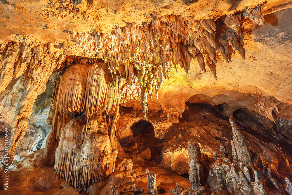 Obraz premium Stalactite rock formations in Lawa Cave. Kanchanaburi province, Thailand