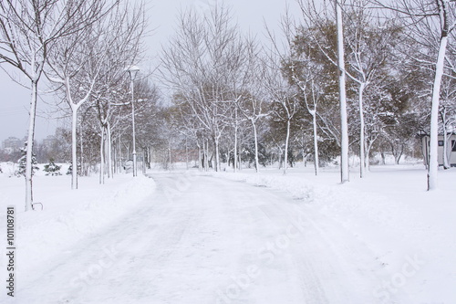 park road covered in heavy snow © creativefamily