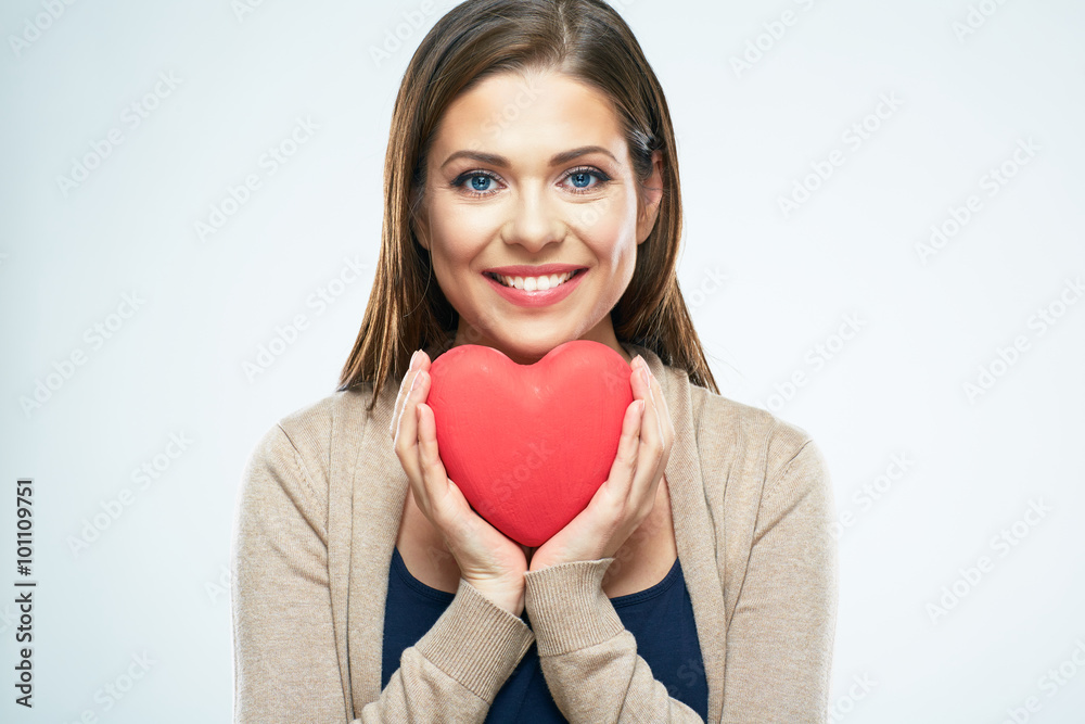 Beautiful woman hold red heart. Valentine day love concept. - obrazy, fototapety, plakaty 