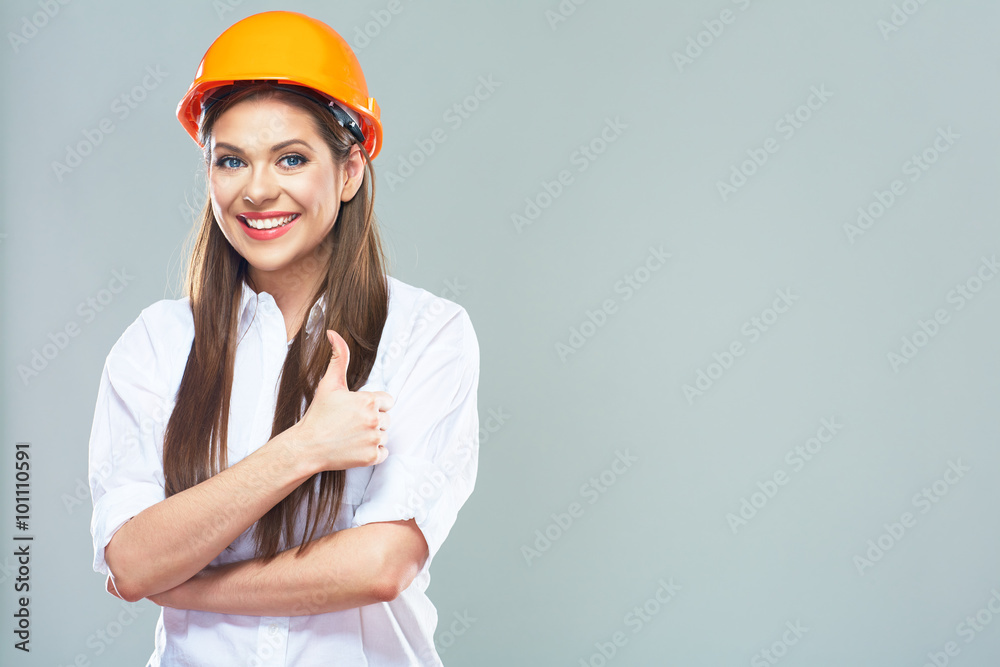 Portrait of smiling woman estate advisor show thumb up Portrait of smiling woman estate advisor show thumb up