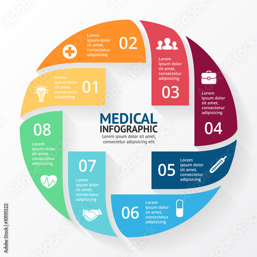 Vector circle plus sign infographic. Template for diagram, graph, presentation and chart. Medical healthcare concept with 8 options, parts, steps, processes. Doctor or hospital logo.