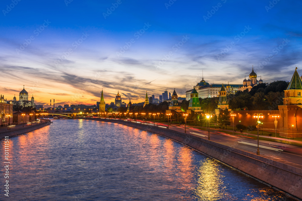 Sunset view of Kremlin and Moscow river in Moscow, Russia