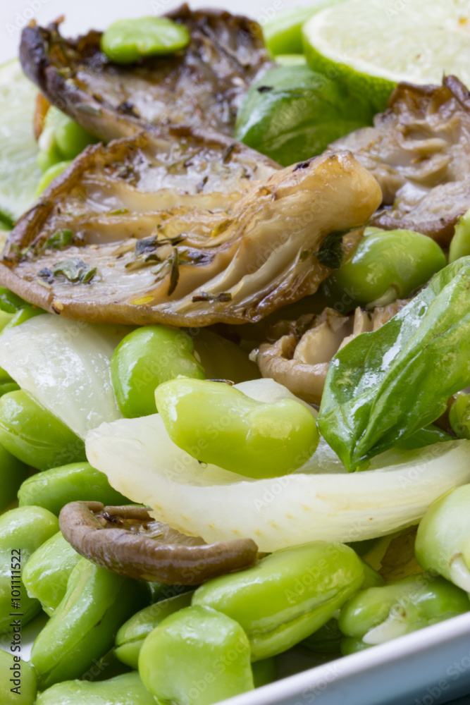 Austernpilze, Frühlingsbohnen und Fenchel mit Basilikum als Vorspeise Austernpilze, Frühlingsbohnen und Fenchel mit Basilikum als Vorspeise
